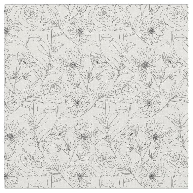 stylish garden flowers black outlines design fabric (Close Up)