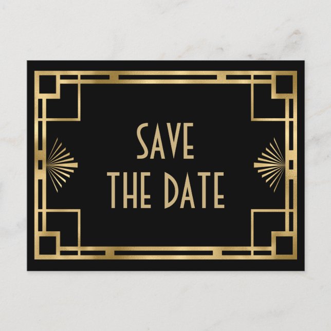Stylish Gatsby Art Deco black and gold  Announcement Postcard (Front)