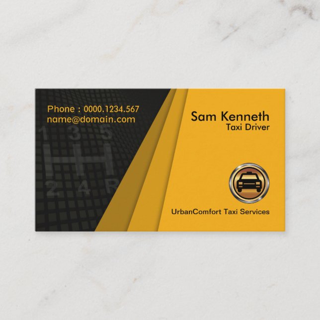 Stylish Gearshift Yellow Trapezium Fan Layers Taxi Business Card (Front)