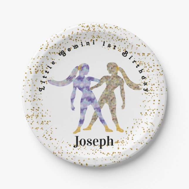 Stylish Gemini 1st Birthday & Gold Confetti Paper Plate (Front)