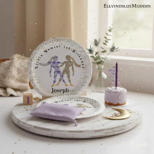 Stylish Gemini 1st Birthday & Gold Confetti Paper Plate