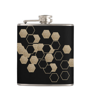 stylish geometric black and gold hexagon pattern hip flask