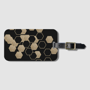 stylish geometric black and gold hexagon pattern luggage tag