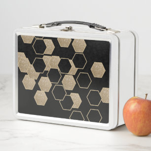 stylish geometric black and gold hexagon pattern metal lunch box