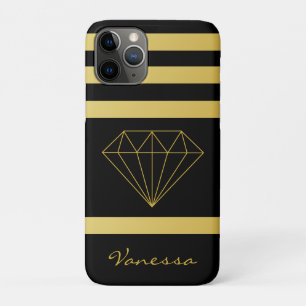 Stylish Geometric Black Gold Stripes w Diamond iPhone 11 Pro Case