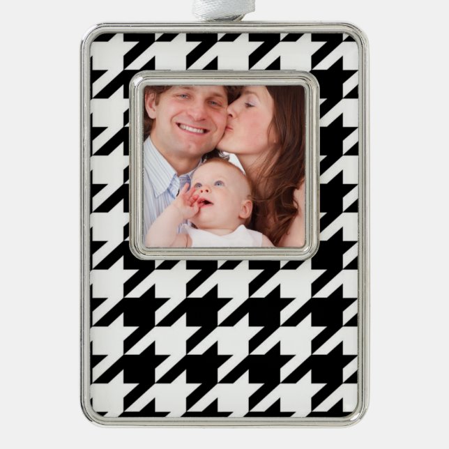 stylish geometric black white houndstooth pattern silver plated framed ornament (Front)