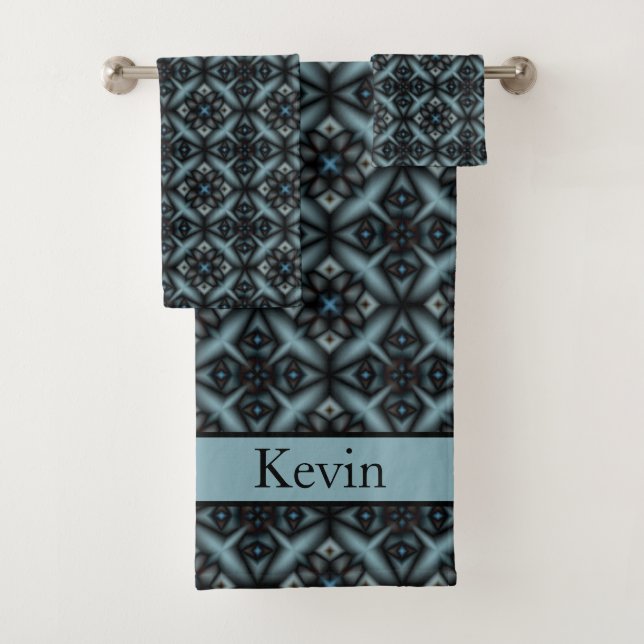 stylish, geometric, blue, black, Oriental, Bath Towel Set (Insitu)