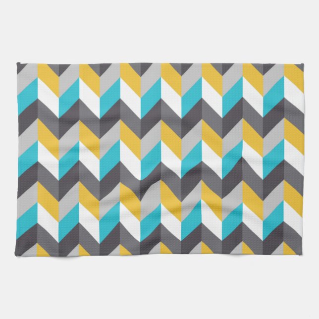 Stylish Geometric Blue Yellow Grey Pattern Tea Towel (Horizontal)