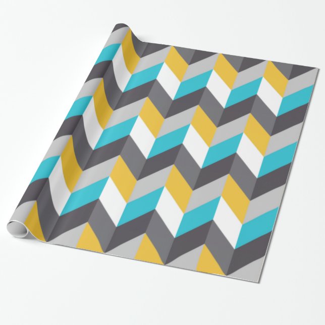 Stylish Geometric Blue Yellow Grey Pattern Wrapping Paper (Unrolled)