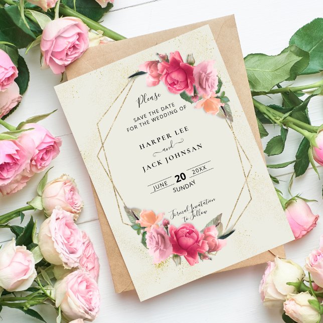 Stylish Geometric Blush Pink Floral Rose Save The Date (Stylish Geometric Blush Pink Floral Rose Save The Date)