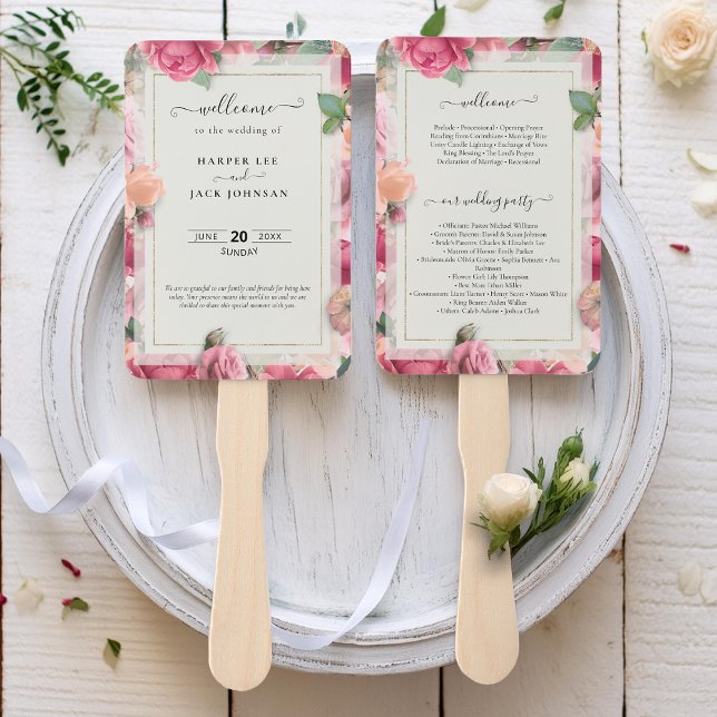 Stylish Geometric Blush Pink Floral Rose Save The Hand Fan (Stylish Geometric Blush Pink Floral Rose Save The Hand Fan)