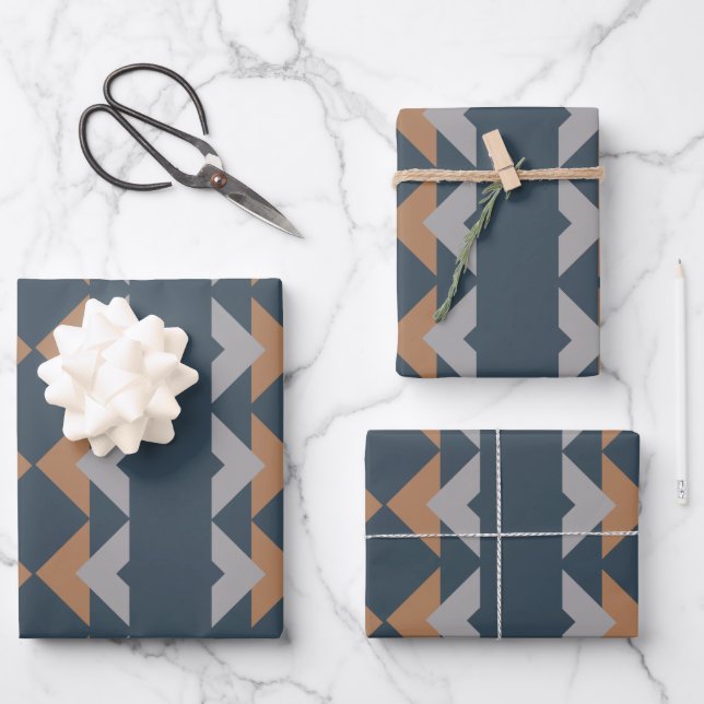 Stylish Geometric Kilim Navy Blue Brown Pattern Wrapping Paper Sheet (Front)