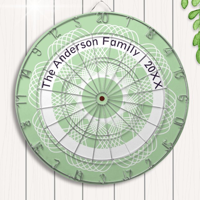 Stylish Geometric Line Art Green White Custom Name Dartboard (A stylish dartboard in fresh light green, with a geometric pattern formed of curved lines)