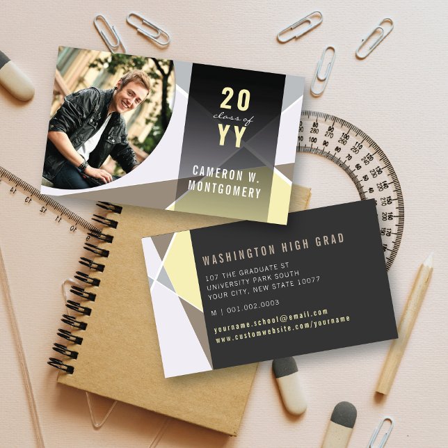 Stylish Geometric Lines Mod Graduate Photo Contact Calling Card (Stylish Geo Criss Cross Graduation Photo Contact Calling Card @ www.zazzle.com/color_therapy)