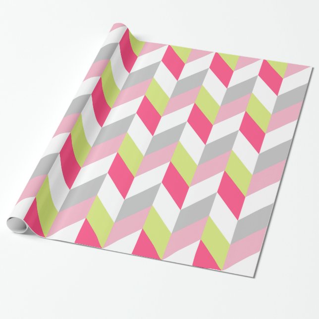 Stylish Geometric Pink Green Grey Pattern Wrapping Paper (Unrolled)
