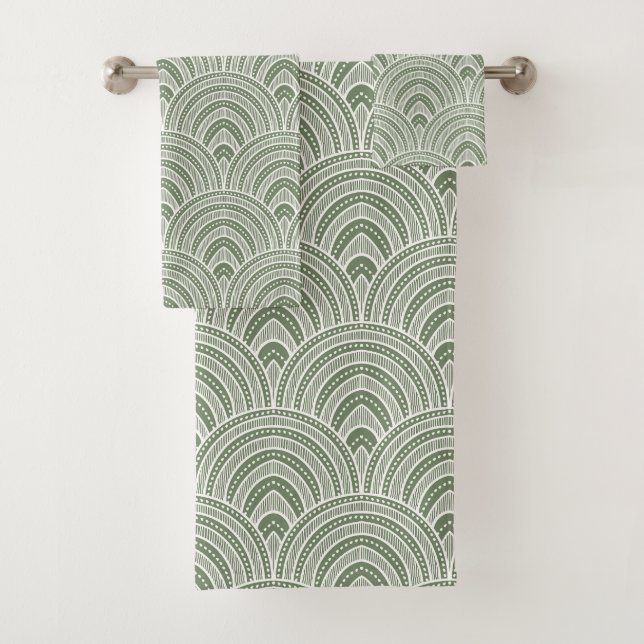 Stylish Geometric Sage Green Arches Bath Towel Set (Insitu)
