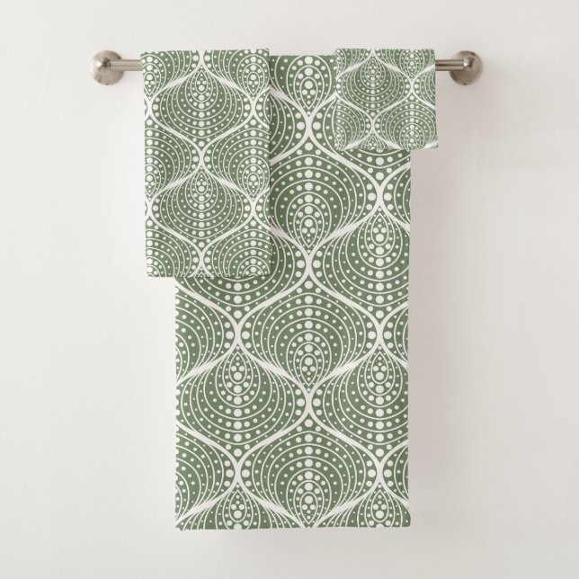 Stylish Geometric Sage Green Arches Bath Towel Set (Insitu)