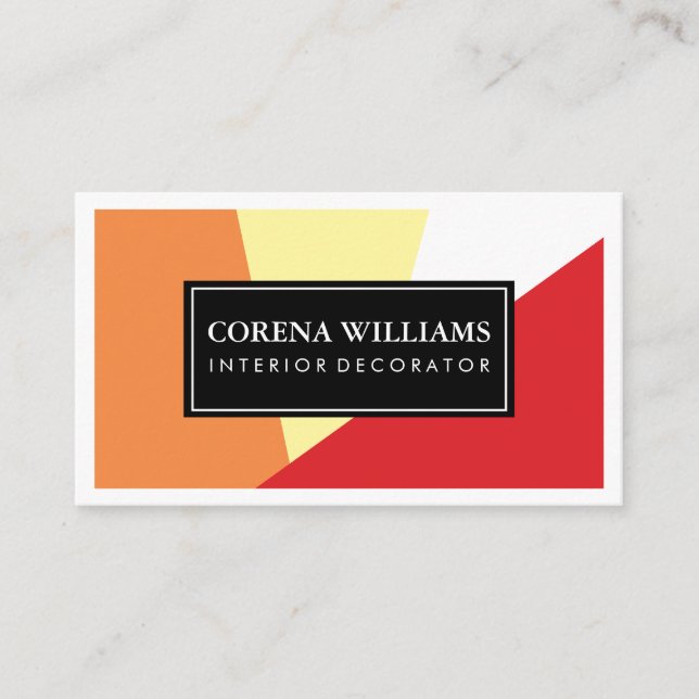 Stylish Geometric Warm Colour Blocks White Border Business Card (Front)