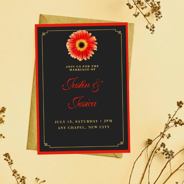 Stylish Gerbera Daisy Red and Gold Accents Wedding Invitation (Creator Uploaded)