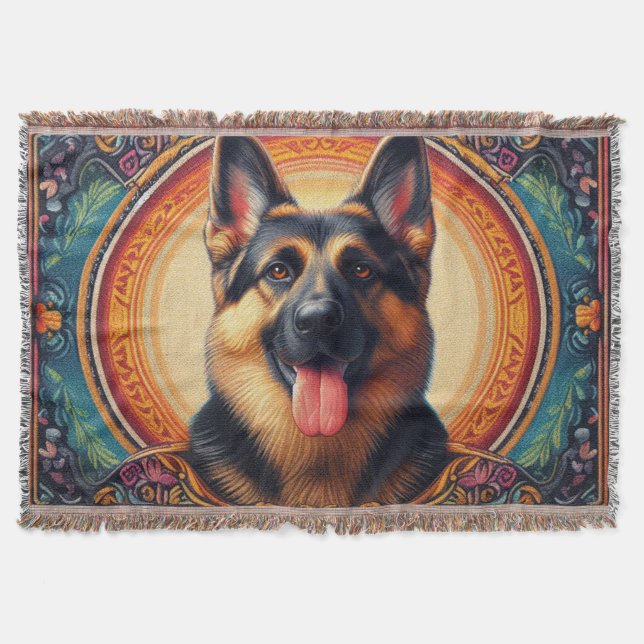 Stylish German Shepherd Dog Colourful Frame Throw Blanket (Front)