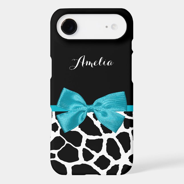 Stylish Giraffe Print and Name Girly Turquoise Bow Case-Mate iPhone Case (Back)