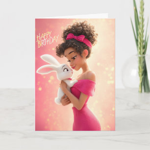 Stylish Girl in Hot Pink w/ White Bunny Birthday Card