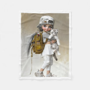 Stylish Girl with Kitten and Backpack Fleece Blank Blanket
