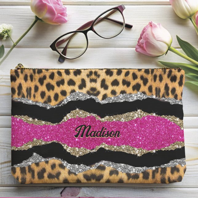 Stylish girly animal print pink glittery monogram accessory pouch (Creator Uploaded)