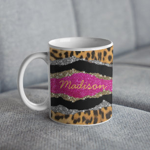 Stylish girly animal print pink glittery monogram coffee mug