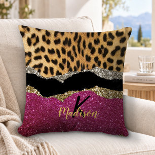 Stylish girly animal print pink glittery monogram cushion