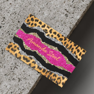 Stylish girly animal print pink glittery monogram  	Magnetic business card