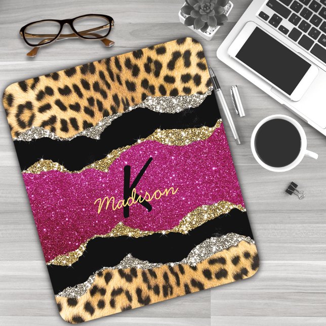 Stylish girly animal print pink glittery monogram mouse mat (Creator Uploaded)