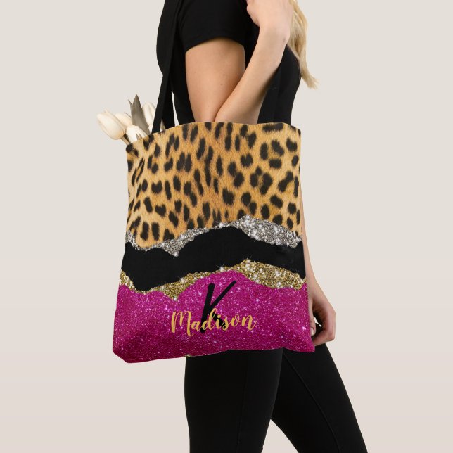 Stylish girly animal print pink glittery monogram tote bag (Close Up)