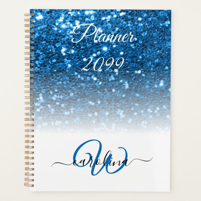 Stylish girly blue glitter monogram name planner (Front)