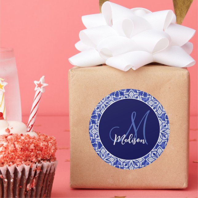 Stylish girly blue grey initial monogrammed  classic round sticker (Party)