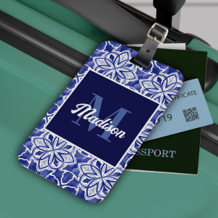 Stylish girly blue grey initial monogrammed luggage tag