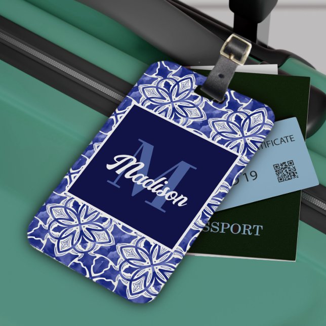 Stylish girly blue grey initial monogrammed  luggage tag (Creator Uploaded)
