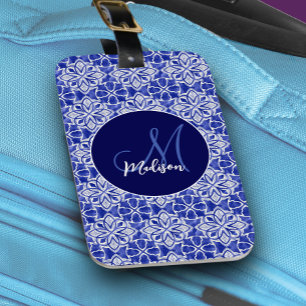 Stylish girly blue grey initial monogrammed  luggage tag