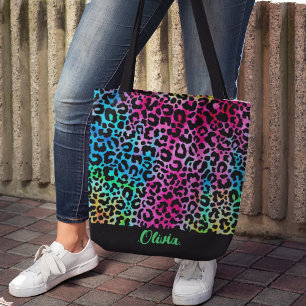 Stylish Girly Colourful Rainbow Neon Monogram  Tote Bag