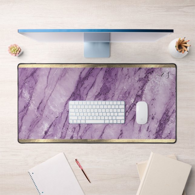  Stylish Girly Elegant Gold Purple Marble Monogram Desk Mat (Office 1)