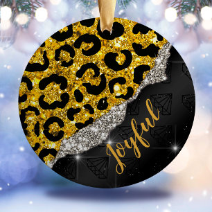 Stylish girly faux glitter animal print Monogram Ceramic Tree Decoration