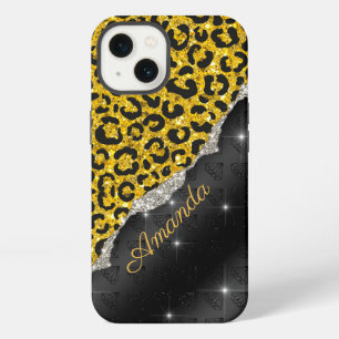 Stylish girly faux glitter animal print Monogram iPhone 13 Case