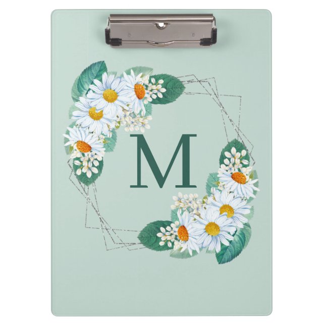 Stylish Girly Floral Silver Sparkle Monogram Clipboard (Front)