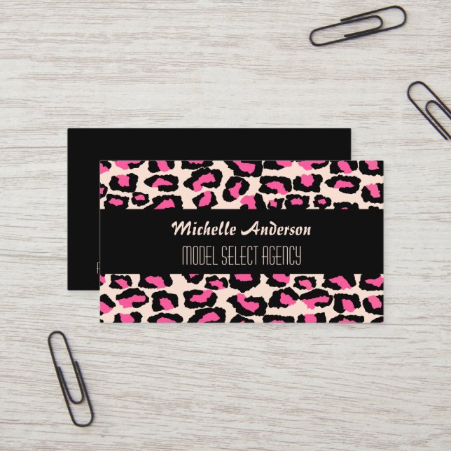 Stylish girly pink cheetah spots business card (Front/Back In Situ)