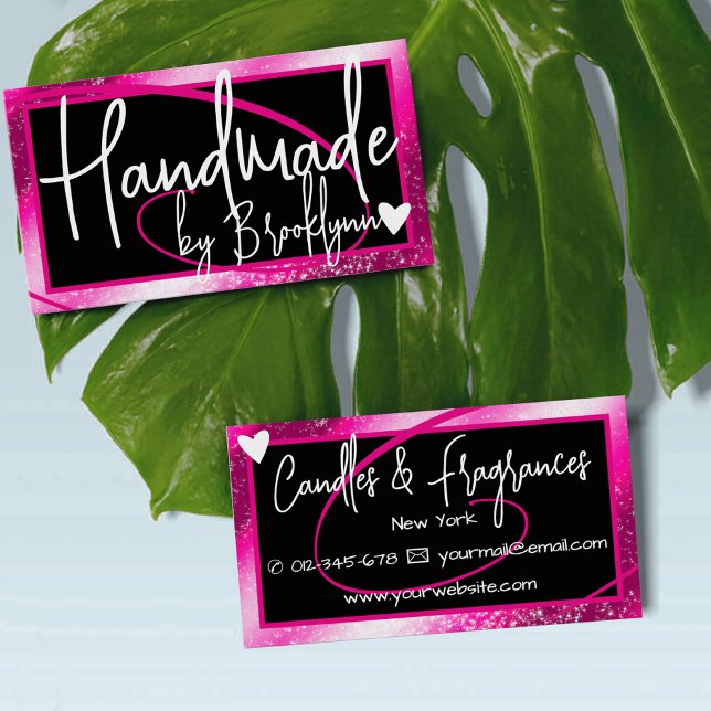 Stylish Girly Pink Frame Heart Handmade by Name  Business Card (Creator Uploaded)