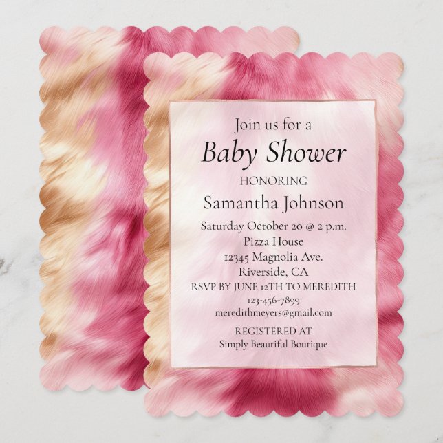Stylish Girly Pink Gold White Animal Fur Invitation (Front/Back)