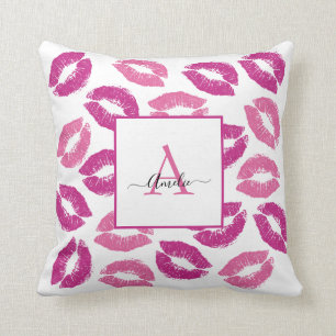 Stylish Girly Pink Kisses Lips Monogram Name Cushion