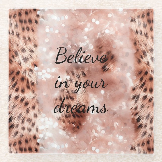 Stylish Girly Pink Rose Gold Leopard Glitz Glass Coaster (Front)