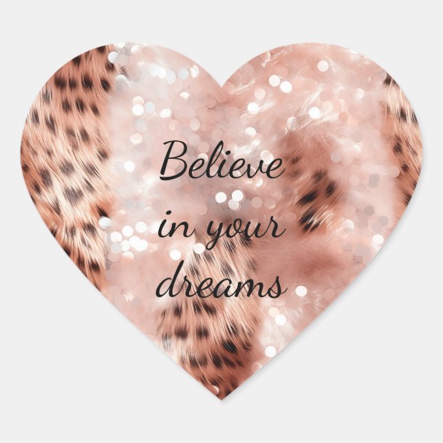 Stylish Girly Pink Rose Gold Leopard Glitz Heart Sticker (Front)