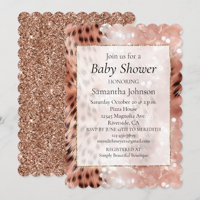 Stylish Girly Pink Rose Gold Leopard Glitz Invitation (Front/Back)